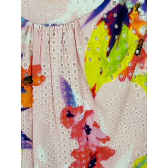 Trina Turk Knee Length Eyelet Dress Rainbow 3/4 Bell Sleeve Vacay Summer Beach 2 - Picture 4 of 11